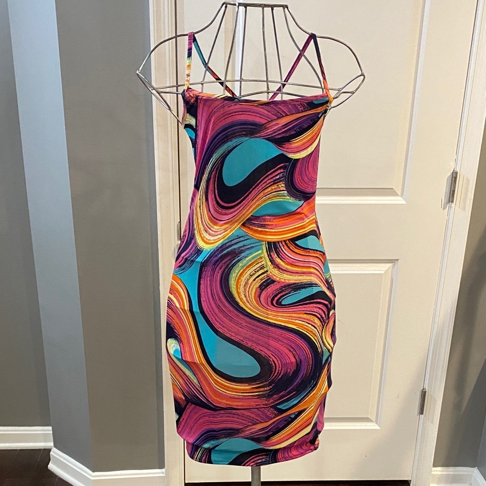 Multicolor Swirl Mini Dress with Spaghetti Straps